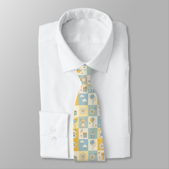 Teddy Bear Daisy Garden Pattern (17) Neck Tie (Tied)