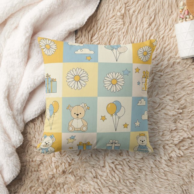 Teddy Bear Daisy Garden Pattern (17) Throw Pillow (Blanket)