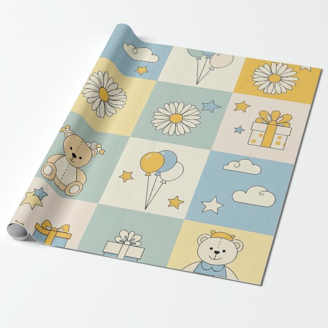 Teddy Bear Daisy Garden Pattern (17) Wrapping Paper (Unrolled)