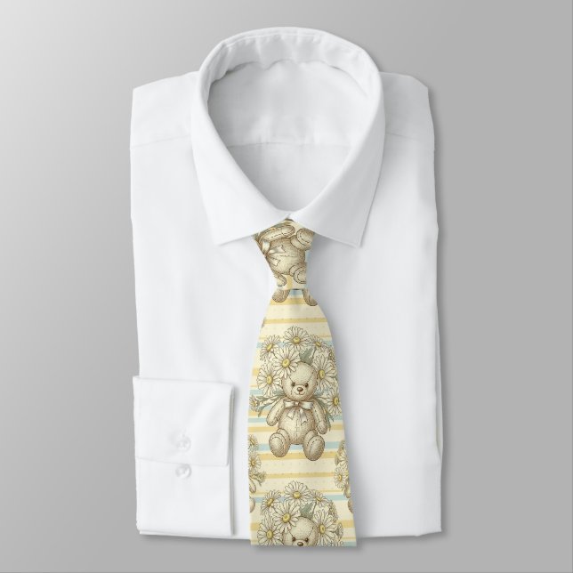 Teddy Bear Daisy Garden Pattern (1) Neck Tie (Tied)