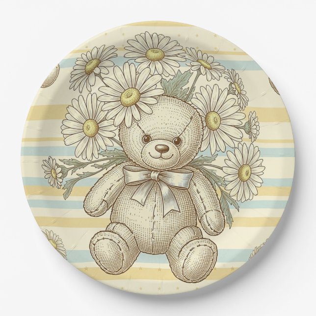 Teddy Bear Daisy Garden Pattern (1) Paper Plates (Front)