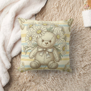 Teddy Bear Daisy Garden Pattern (1) Throw Pillow