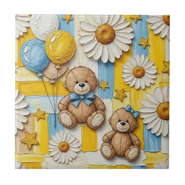 Teddy Bear Daisy Garden Pattern (2) Ceramic Tile (Front)