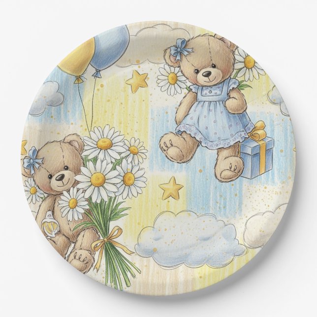 Teddy Bear Daisy Garden Pattern (2) Paper Plates (Front)