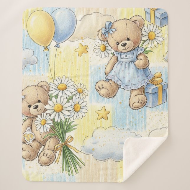Teddy Bear Daisy Garden Pattern (2) Sherpa Blanket (Front)