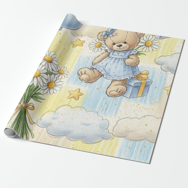 Teddy Bear Daisy Garden Pattern (2) Wrapping Paper (Unrolled)