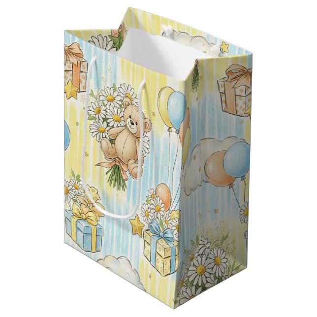 Teddy Bear Daisy Garden Pattern (3) Medium Gift Bag (Front Angled)
