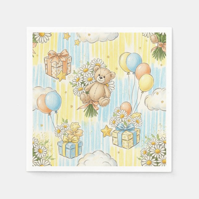 Teddy Bear Daisy Garden Pattern (3) Napkins (Front)