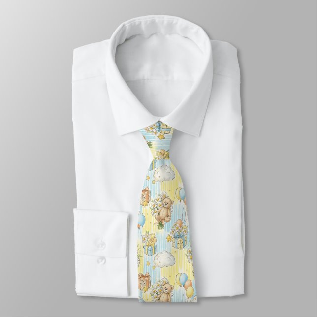 Teddy Bear Daisy Garden Pattern (3) Neck Tie (Tied)