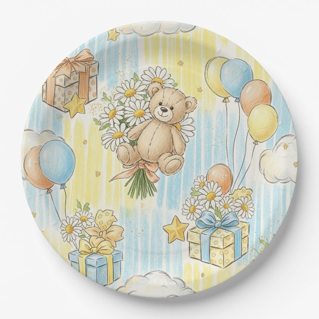 Teddy Bear Daisy Garden Pattern (3) Paper Plates (Front)