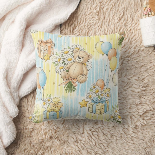 Teddy Bear Daisy Garden Pattern (3) Throw Pillow (Blanket)