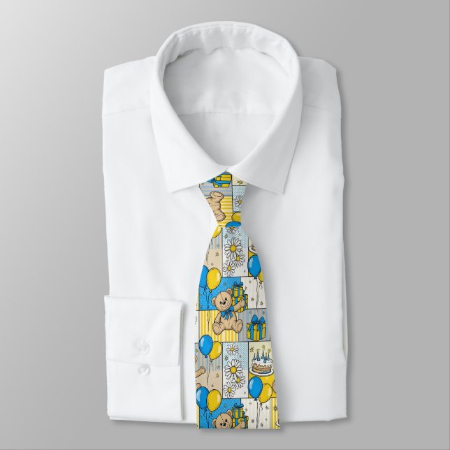 Teddy Bear Daisy Garden Pattern (4) Neck Tie (Tied)