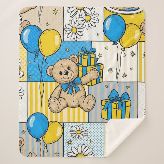 Teddy Bear Daisy Garden Pattern (4) Sherpa Blanket (Front)