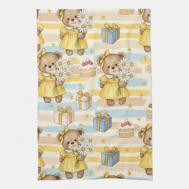 Teddy Bear Daisy Garden Pattern (5) Kitchen Towel (Vertical)