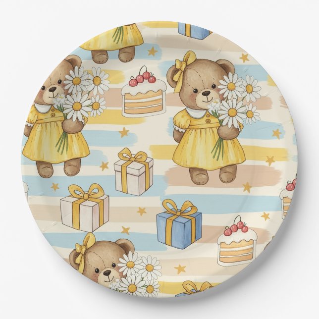 Teddy Bear Daisy Garden Pattern (5) Paper Plates (Front)