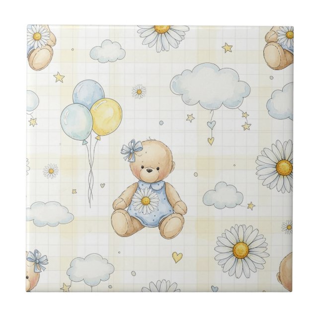 Teddy Bear Daisy Garden Pattern (6) Ceramic Tile (Front)