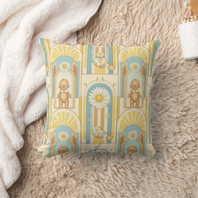 Teddy Bear Daisy Garden Pattern (6) Throw Pillow (Blanket)