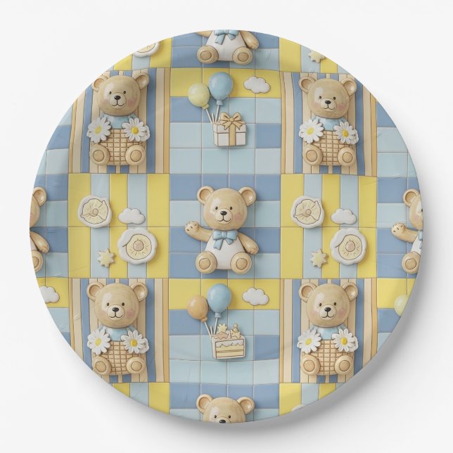 Teddy Bear Daisy Garden Pattern (7) Paper Plates (Front)