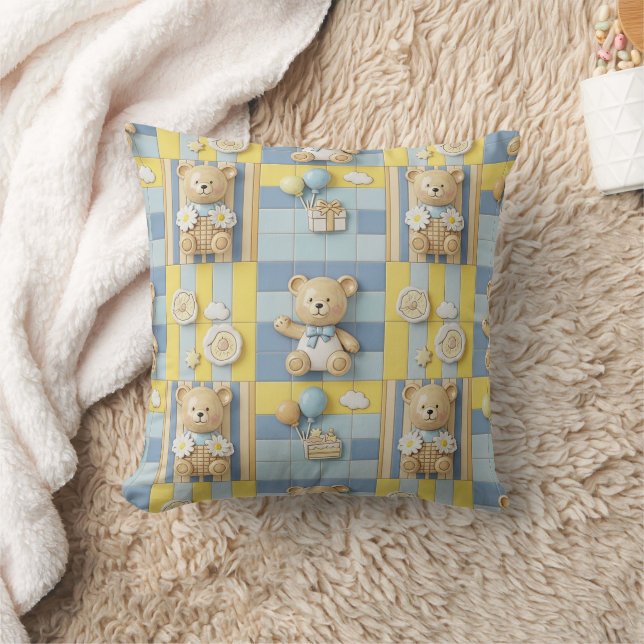 Teddy Bear Daisy Garden Pattern (7) Throw Pillow (Blanket)