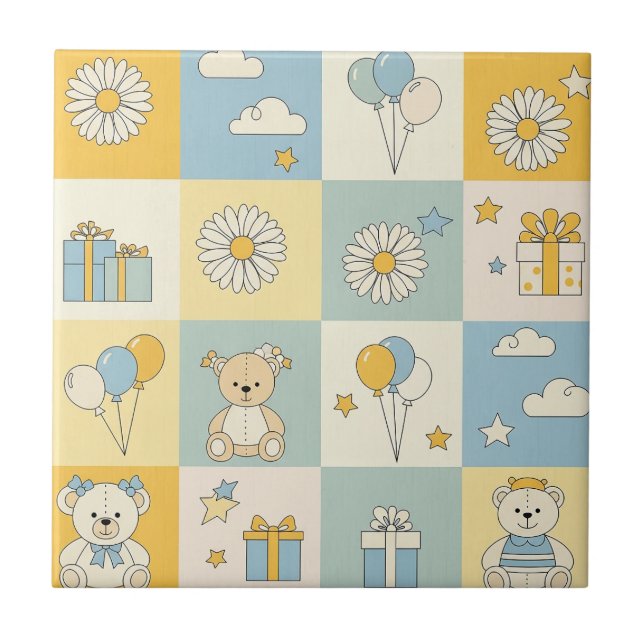 Teddy Bear Daisy Garden Pattern (8) Ceramic Tile (Front)
