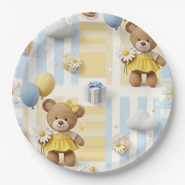Teddy Bear Daisy Garden Pattern (8) Paper Plates (Front)