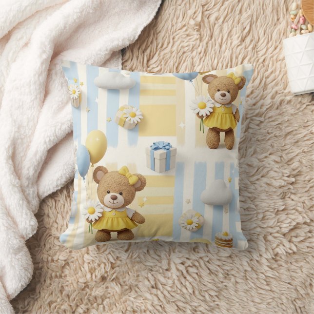 Teddy Bear Daisy Garden Pattern (8) Throw Pillow (Blanket)