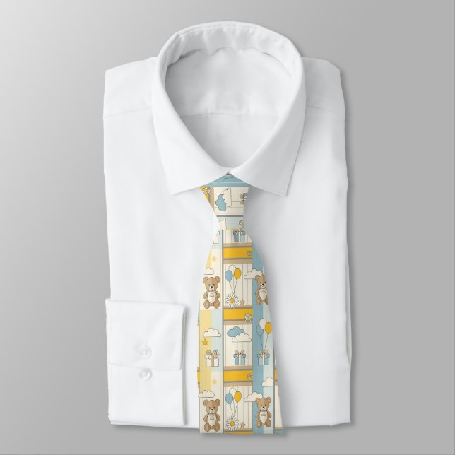 Teddy Bear Daisy Garden Pattern (9) Neck Tie (Tied)