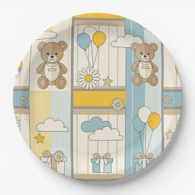 Teddy Bear Daisy Garden Pattern (9) Paper Plates (Front)