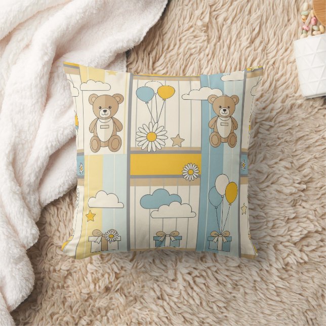 Teddy Bear Daisy Garden Pattern (9) Throw Pillow (Blanket)