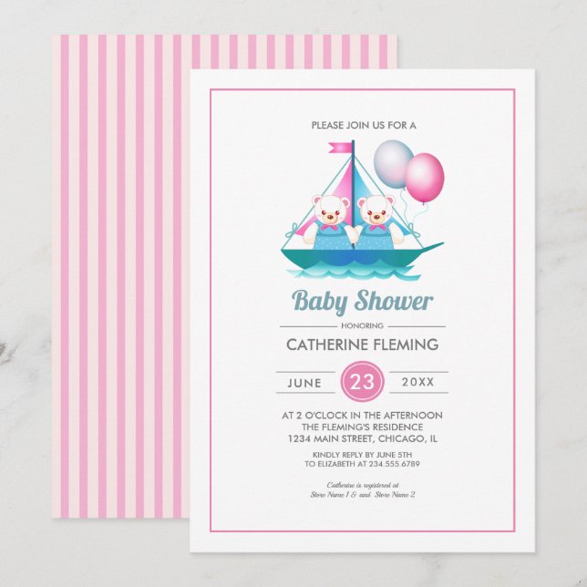 Teddy Bear design Twin Girls Baby Shower  Invitation (Front/Back)