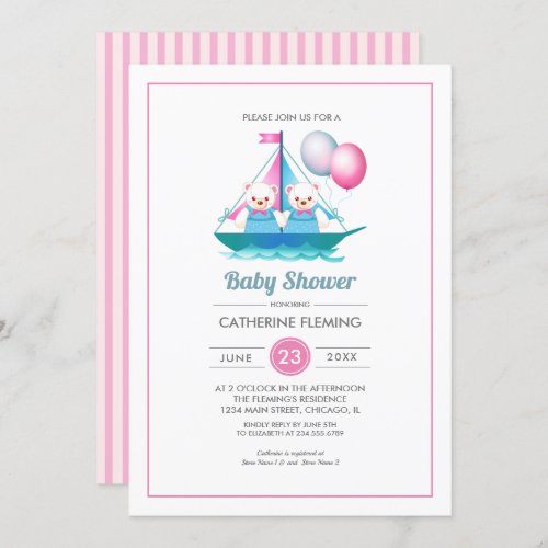 Teddy Bear design Twin Girls Baby Shower  Invitation