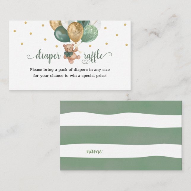 Teddy Bear Diaper Raffle Sage Green Baby Shower Enclosure Card (Front/Back)