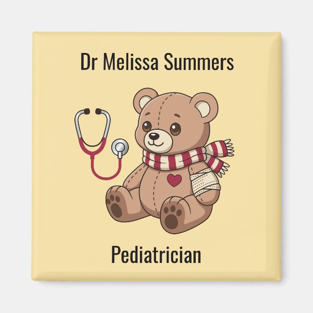 Teddy Bear Doctor Pediatrician Custom Text Yellow Magnet (Front)