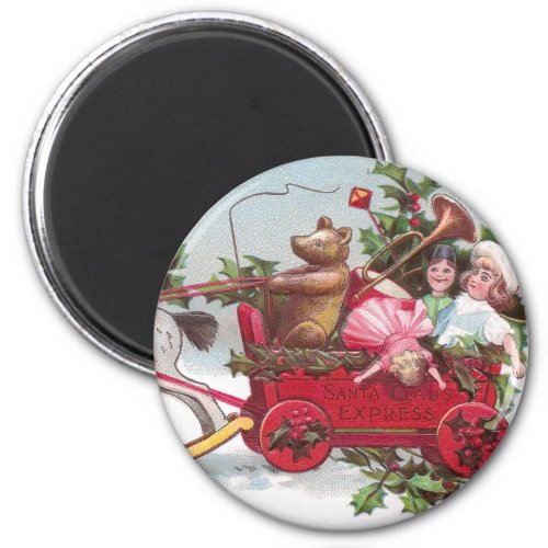Teddy Bear Dolls and Wagon Vintage Christmas Magnet