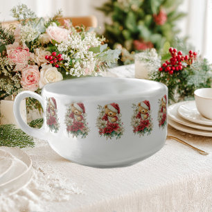 Teddy bear dressed as Santa Claus with Christmas f Soup Mug