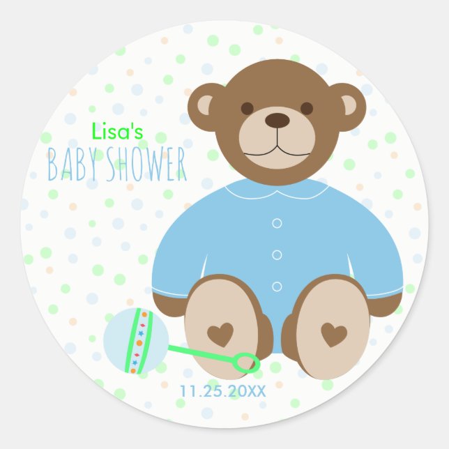 Teddy Bear Dressed in Blue Baby Shower Sticker (Front)