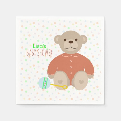 Teddy Bear Dressed in Coral Baby Shower Paper Napkins