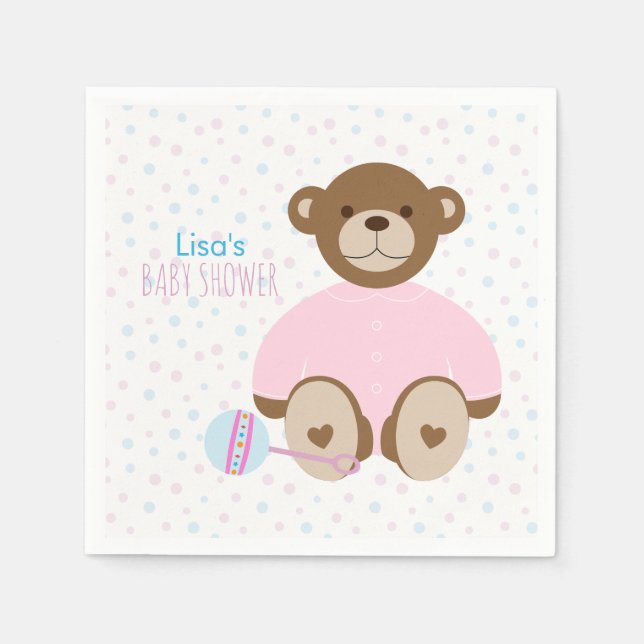 Teddy Bear Dressed in Pink Baby Shower Paper Napkins (Front)
