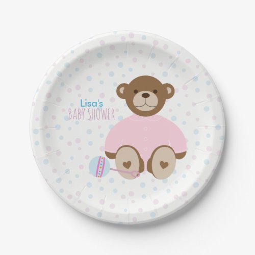 Teddy Bear Dressed in Pink Baby Shower Paper Plate