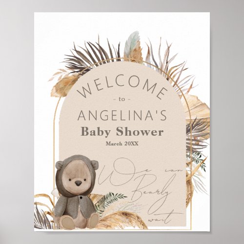 Teddy Bear Dried leaves Boho Baby Shower welcome Poster