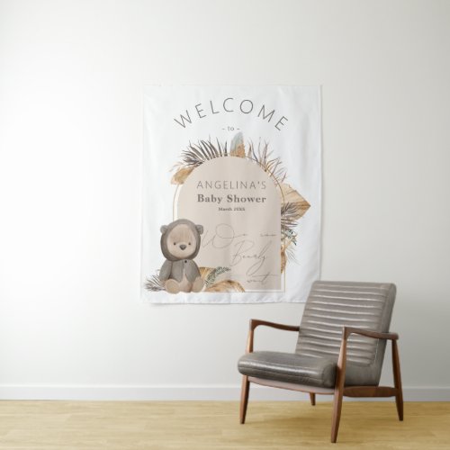 Teddy Bear Dried leaves Boho Baby Shower welcome Tapestry
