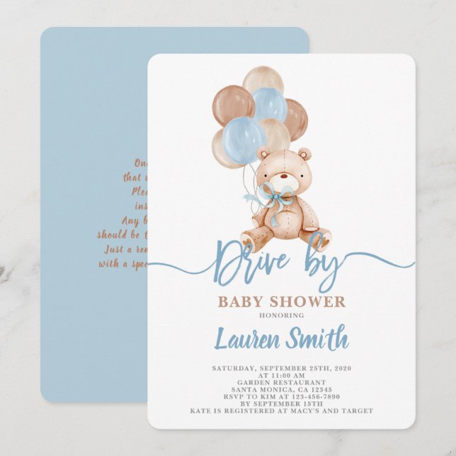 Teddy Bear Drive by Baby Shower Boy Invitation (Front/Back)