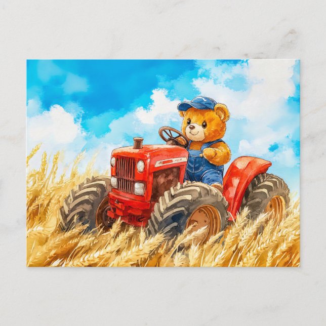  Teddy Bear Driving a Tractor in Wheat Field Postcard (Front)