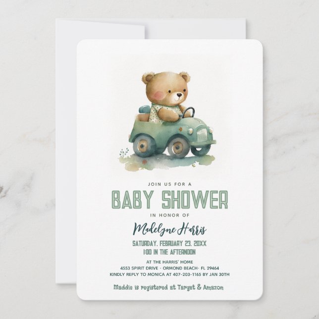 Teddy Bear Driving Toy Car Blue Baby Shower  Invitation (Front)