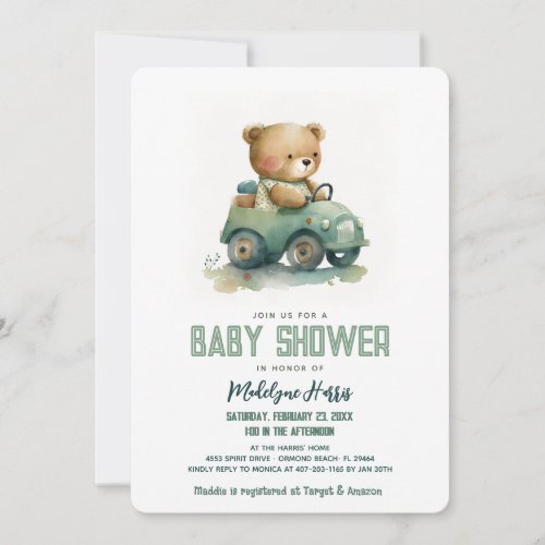 Teddy Bear Driving Toy Car Blue Baby Shower  Invitation