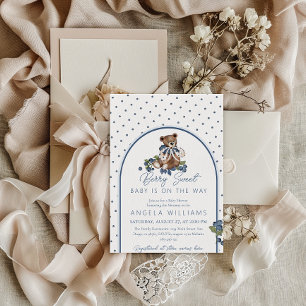 Teddy Bear Dusty Blue Berry Sweet Baby Shower Invitation