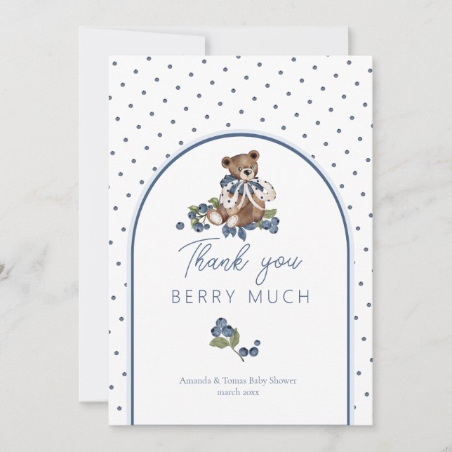 Teddy Bear Dusty Blue Berry Sweet Baby Shower Thank You Card (Front)