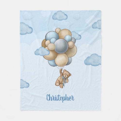 Teddy bear dusty blue brown ivory balloons  fleece blanket