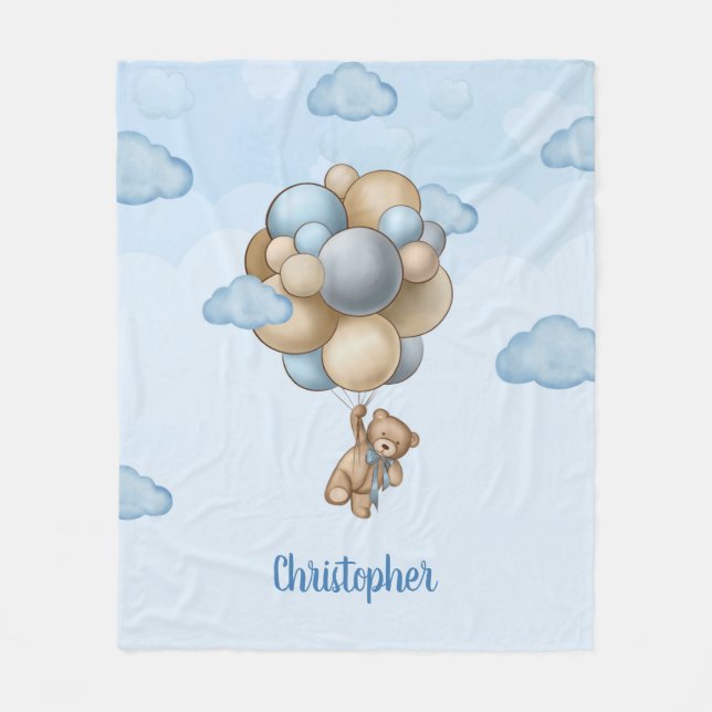 Teddy bear dusty blue brown ivory balloons  fleece blanket (Front)
