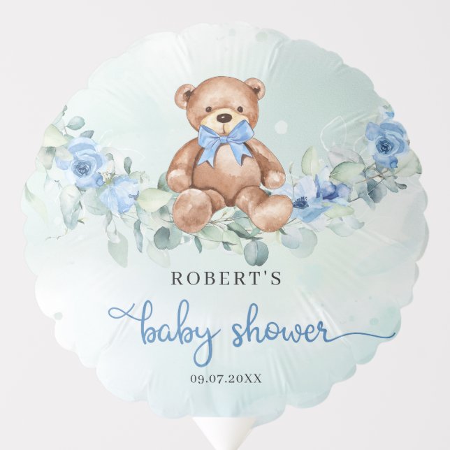 Teddy bear dusty blue floral eucalyptus balloons (Front)